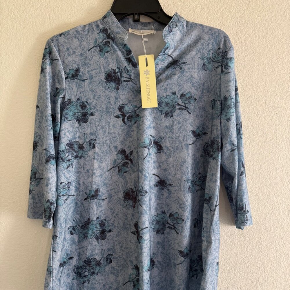 BAISHENGGT Womens 3/4 Sleeve Floral Printed  V Neck Blouse, Blue, Medium